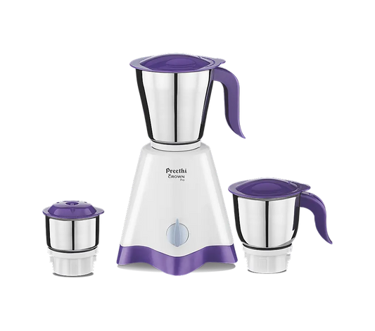 Preethi Crown Pro Mixer Grinder 600 Watt with 3 Jars, 5 Year Warranty (White/Purple)