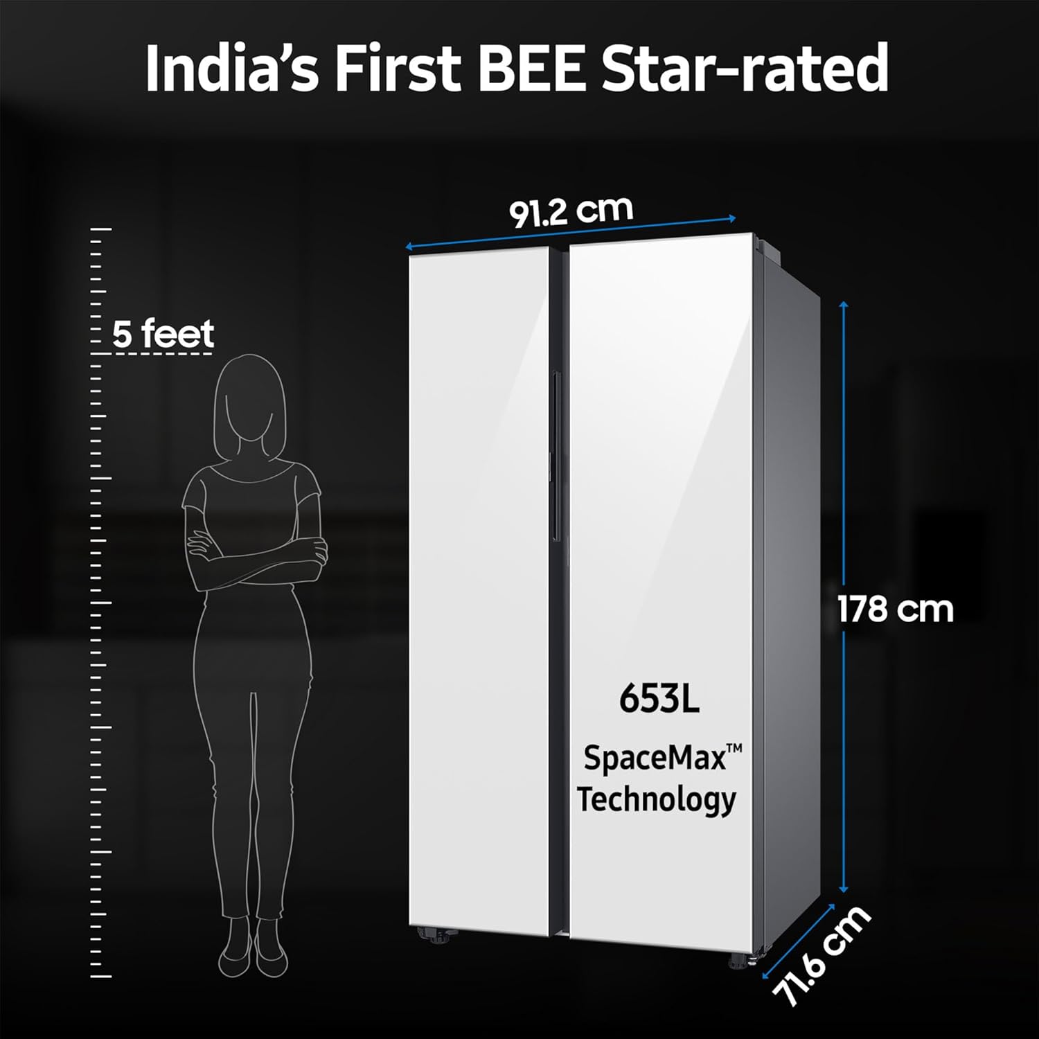 Samsung 653 L, 3 Star, Bespoke, Glass Door, Frost Free, Double Door, Convertible 5-in-1 Digital Inverter, Side By Side AI Enabled Smart Refrigerator with WiFi (RS76CB811312HL, Clean White, 2024 Model)