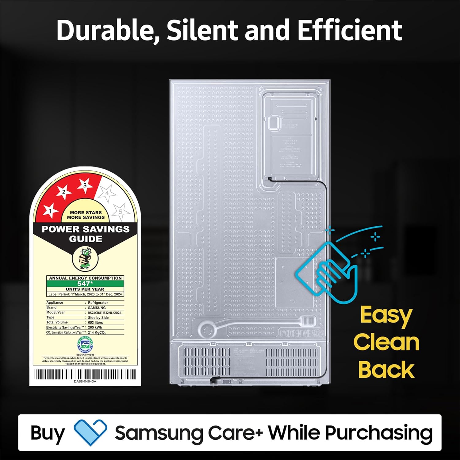 Samsung 653 L, 3 Star, Bespoke, Glass Door, Frost Free, Double Door, Convertible 5-in-1 Digital Inverter, Side By Side AI Enabled Smart Refrigerator with WiFi (RS76CB811312HL, Clean White, 2024 Model)